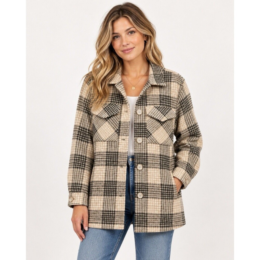 Ellison Womens Beige Black Plaid Heavy Lined Jacket Button Front Pockets L